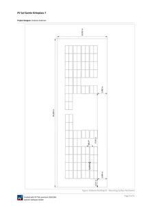 En teknisk tegning som viser en detaljert oppsett av et monteringsoverflate for et PV-anlegg (solarpaneler). Tegningen inneholder spesifikke mål på plassering og dimensjoner for panelene.