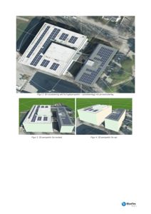 Side fra en rapport eller presentasjon som viser 3D-visualiseringer (renderinger) av et bygg med solcellepaneler på taket, sett fra ulike perspektiver.