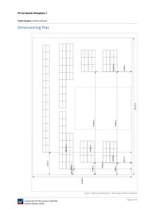 En dimensjoneringsplan (Dimensioning Plan) som viser plassering og mål for solcellepaneler på en bygning.