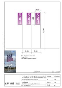Tegning som viser detaljert plassering og dimensjoner for tre flaggstenger med flagg.