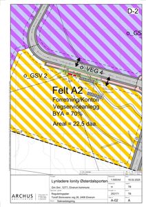 Situasjonsplan som viser tomtens beliggenhet, vegforhold, reguleringsstatus og arealdata.