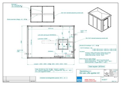 En teknisk detaljtegning for en teknikkabell (Teknikkhus L) som viser romfordeling, dimensjoner, utstyr (varmeovn, lysarmatur, EI-skap) og installasjonsdetaljer.