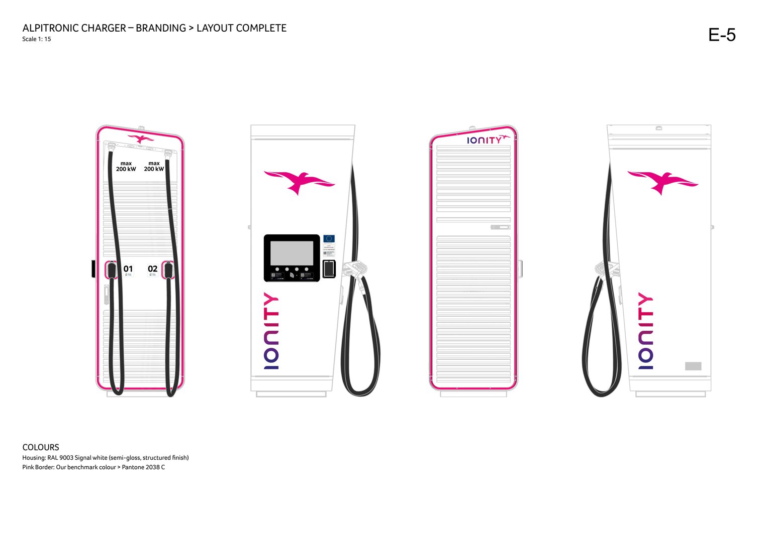 3D-visualisering (rendering) av en ladeanlegg med Ionity-branding, inkludert fargevalg og detaljer.