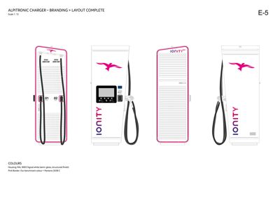 3D-visualisering (rendering) av en ladeanlegg med Ionity-branding, inkludert fargevalg og detaljer.