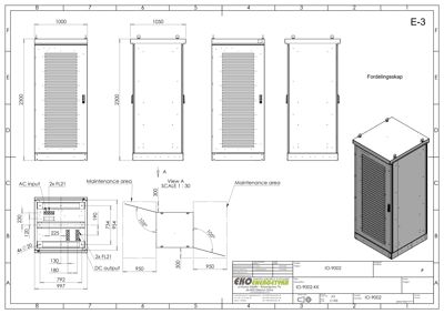 Tegning som viser detaljerte dimensjoner og oppsett av et fordelingsskap (fordelingsskap).