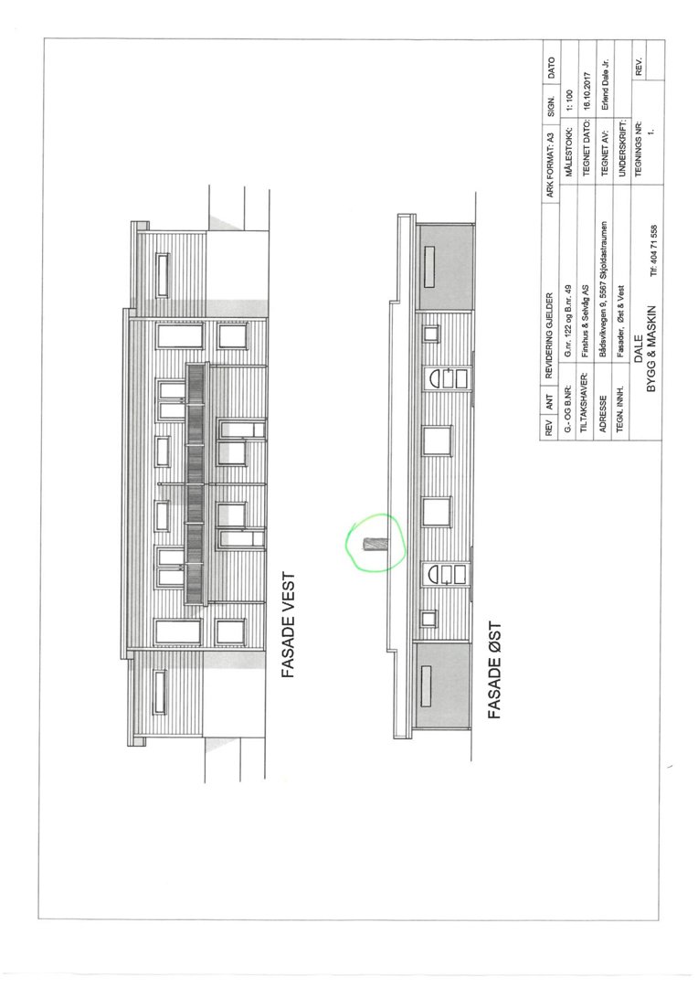 Fasadetegning som viser bygningens utseende fra vest og øst.