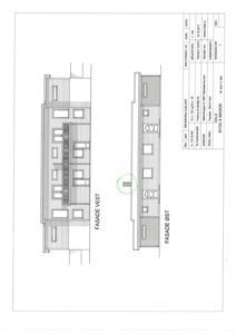 Fasadetegning som viser bygningens utseende fra vest og øst.