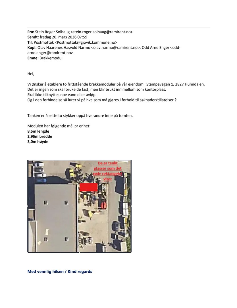 Flyfoto eller satellittbilde av eiendom i Stampvegen 1, 2827 Hunndalen, med markerte plasser for brakkemoduler.