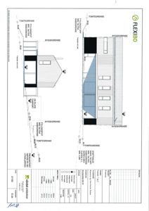 Fasadetegning som viser bygningens utseende fra to sider (Fasade 1 og 2) med mål og tomtegrenser.