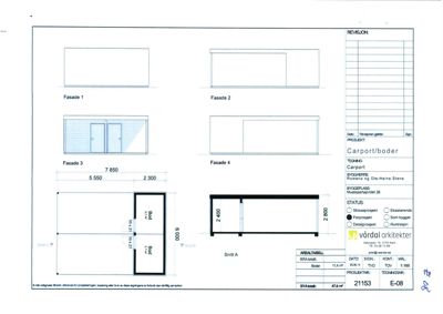 Fasadetegning med oppriss av bygningens ytre sider (Fasade 1, 2, 3, 4) og et snitt (Snitt A) som viser høyder og mål.