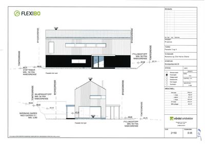 Fasadetegning som viser bygningens utseende fra to sider, med angitte høyder, tomtegrenser og fyllingsstopp.