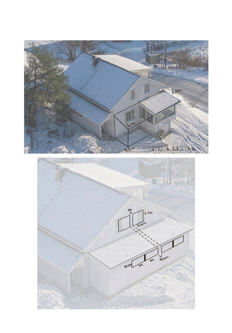 Bildet viser en fotografering av en eksisterende bygning (hus) sett fra luften, med håndskrevne mål og en tegnet konstruksjon overlagt på bildet.