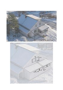Bildet viser en fotografering av en eksisterende bygning (hus) sett fra luften, med håndskrevne mål og en tegnet konstruksjon overlagt på bildet.