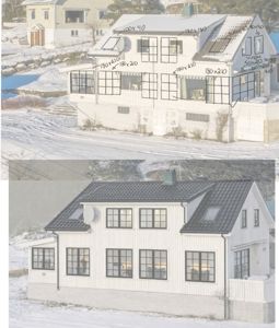 Fotografi av en hvit villa med mørke vinduer, sett fra siden. Bildet er redigert med håndskrevne notater om vindusdimensjoner og en tegnet innramming av vinduene.