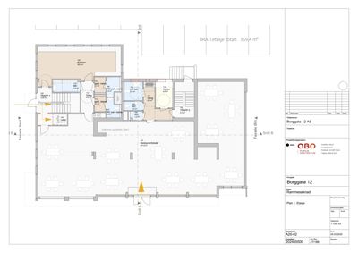 Etasjeplan (1. etasje) som viser romfordeling, arealer og funksjoner i en bygning.