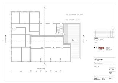 Etasjeplan for 3. etasje (BRA 298,2 m²) med romfordeling, trapp og terrasse.