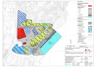 Reguleringsplan for Leirvik sentrum som viser tomtefordeling, arealbruk og byggegrenser.