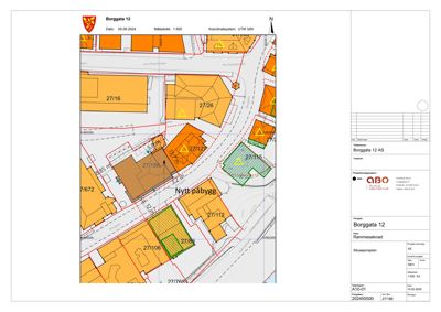 Situasjonsplan som viser tomt, nabobebyggning og planlagt nybygging med arealdata.