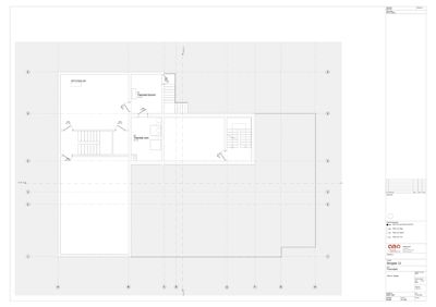 Etasjeplan (1. etg) som viser romfordeling, trapper og veggkonstruksjoner.