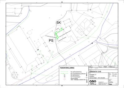 Situasjonsplan som viser plassering av nye ledninger (spillvassledning, pumpeledning) og anlegg (pumpestasjon) i forhold til eksisterende bygninger og infrastruktur.