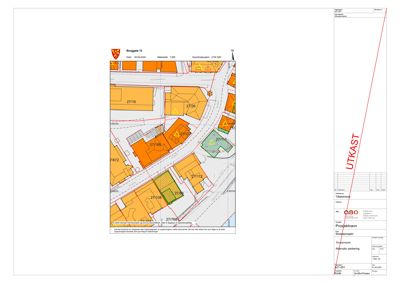 Situasjonsplan som viser tomtene, bygninger og veier i området rundt Borggate 12.