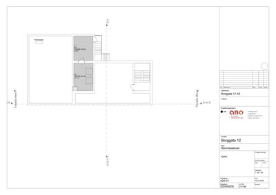 Etasjeplan for kjeller (Kjeller) av en bygning på Borggata 12. Planen viser romfordeling, stueplasseringer, trapper og snittlinjer.