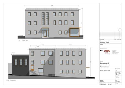 Fasadetegning som viser bygningens utseende sett fra nord og vest med mål og detaljer.
