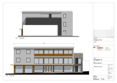 Bildet viser fasadetegninger for et bygg (Borggata 12). Det er to tegninger: en østfasade og en sørfasade, begge med skala 1:100.