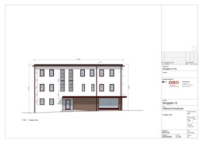 Fasadetegning (opprikk) av bygningens vestside med mål og detaljer.