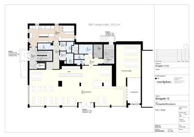 Etasjeplan for BRA 1. etasje på 355,3 m², som viser romfordeling, arealer og funksjoner i et kontorbygg.