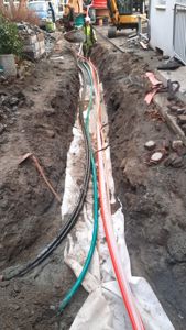 Fotografi av en graving med installerte rørledninger (sannsynligvis vann, avløp og strøm) på et bygge- eller anleggssted.