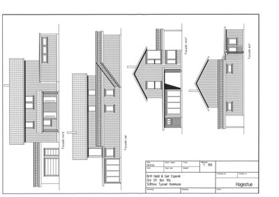 Fasadetegning som viser bygningens utseende fra fire sider (nord, sør, vest og øst).