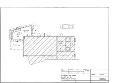 Etasjeplan (hagestue) med romfordeling, mål og arealoppdeling.