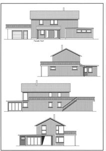 Fasadetegning som viser bygningens utseende fra vest (Fasade Vest).