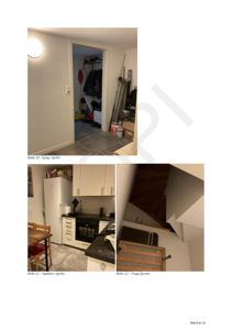 Fotografier av eksisterende innvendig tilstand i kjeller, inkludert gang, kjøkken og trapp.