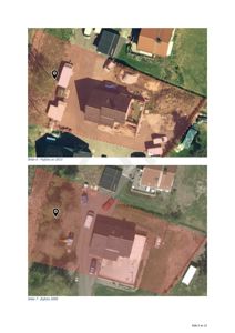 Bildet viser to flyfotoer (satellittbilder) av en tomt med en bygning, tatt i 2009 og 2013. Det er tegnet opp med tomtegrenser og en markør for bygningens plassering.