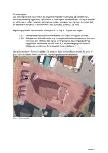 Flyfoto av eiendom med overlappende tekst om terrengingrep og reguleringsplanens bestemmelser.