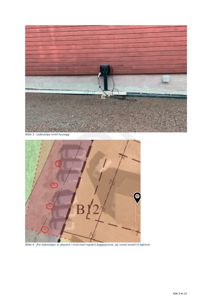 Bildet viser to fotografier av ladestolper ved en bygning. Bilde 3 viser en ladestolpe montert på husveggen, mens bilde 4 viser fire ladestolper plassert i strid med byggegrense.