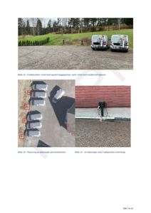 Fotografier som viser ladepunkter og ladestolper på eiendommen, inkludert situasjonsbilder og nærbilder av utstyr.