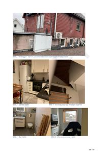 En samling av seks fotografier som viser ulike deler av en kjeller, inkludert nordveggen, kjøkken, bad, soverom og trapp.