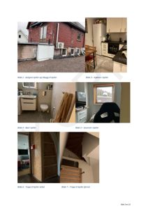 Fotografier av en eksisterende kjellerbolig, inkludert bilder av fasaden, kjøkken, bad, soverom og trapper.