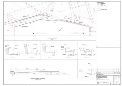 Utdrag fra en situasjonsplan som viser etasjeplaner, høyder og profileringer for en vei eller gangvei.