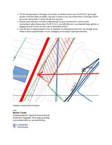 Situasjonsplan som viser tomt, ledninger (f.eks. DR 300 P), og overlappende områder (rødt skravert).
