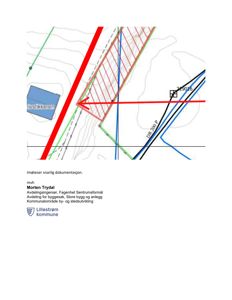 Situasjonsplan som viser tomtens form, grenser, topografi (konturlinjer) og plassering i forhold til veier (DR 200 P) og naboeiendom (Tystlikkeren).