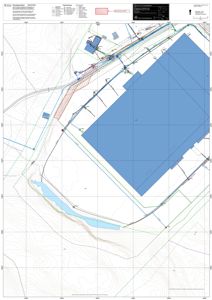 Situasjonsplan som viser tomtens topografi (høydekurver), vannkropp, eksisterende og planlagt bebyggelse samt infrastruktur.