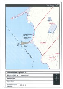 Situasjonskart som viser tomtens beliggenhet, grenser til vann og nabotomter.