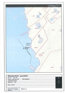 Situasjonskart (grunnkart) som viser tomtens beliggenhet, grenser, høydemålerlinjer og nabolag.