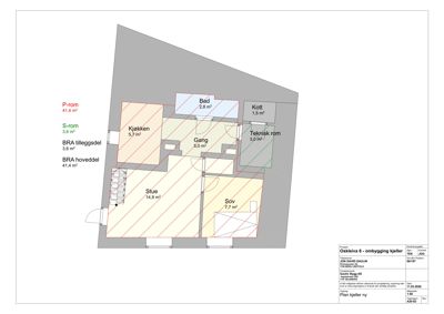 Etasjeplan for kjelleretasje som viser romfordeling, arealer og funksjoner.
