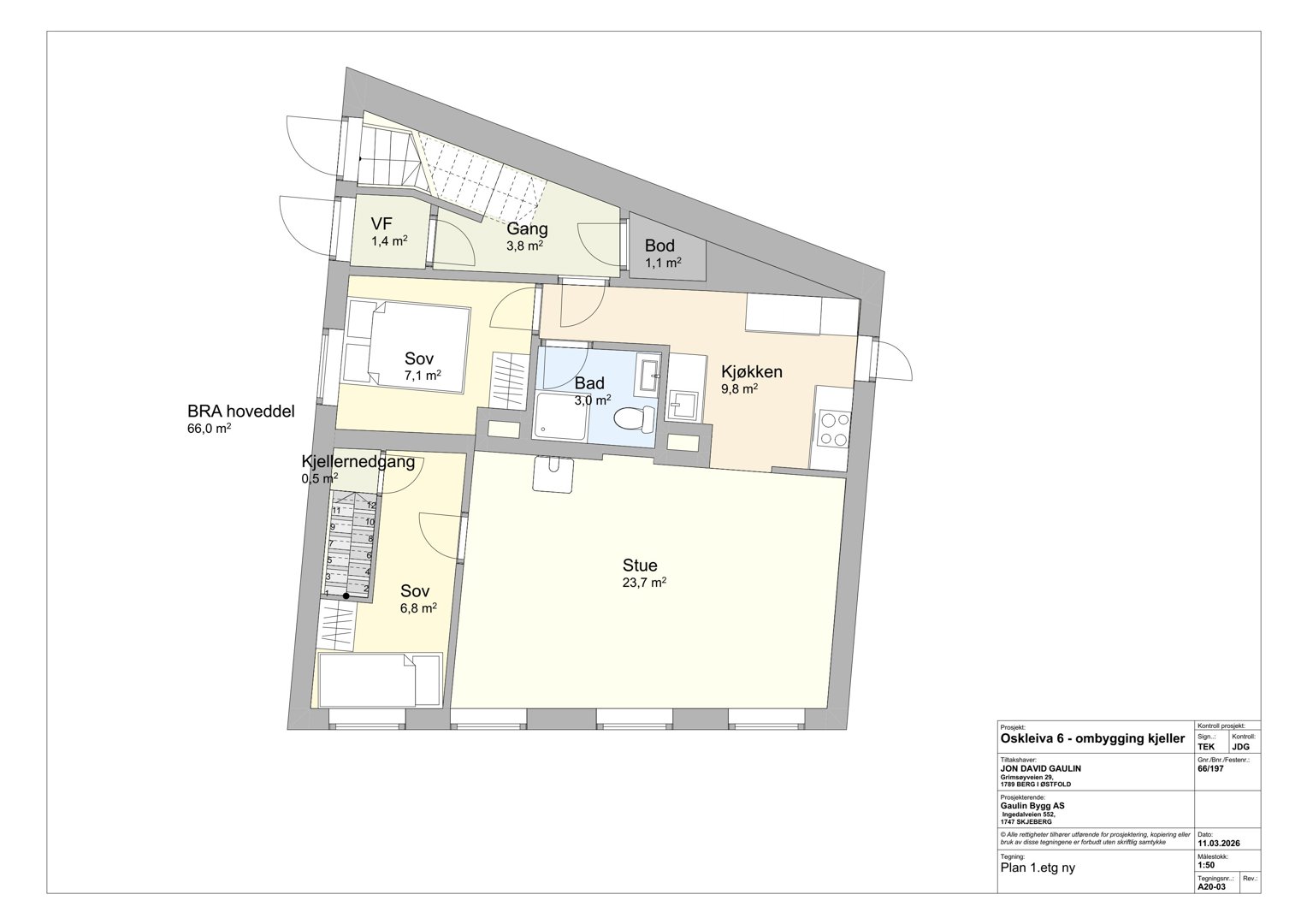 Etasjeplan (kjeller) med romfordeling, areal og funksjon.