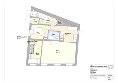 Etasjeplan (kjeller) med romfordeling, areal og funksjon.